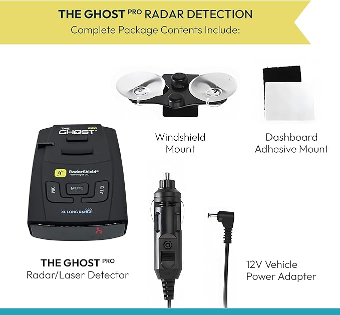 RadarShield Advanced Radar Detector for Cars, Ghost Pro Radar & Laser Detector with Long Range Detection, IVT Filtering, Laser Detection, Mute & Dim Buttons, Includes Mount & 12V Adapter, Black