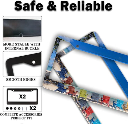 License Plate Frames License Plate Frame Beach Loungers Colorful Chairs in Tropical Summer Palm Tree Aluminum Metal Car Accessory 2 Pack with Screw Covers Set