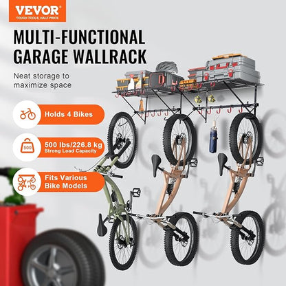 VEVOR Bike Storage Rack, 4 Bike Racks, Wall Mount Bike Storage Hanger with 2 Shelves, Home and Garage Organizer, Customizable for Various Bike Sizes, Adjustable Holder, Holds Up to 500 lbs, 63-inch