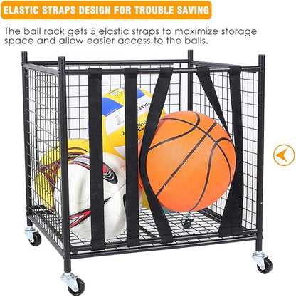 Snail Garage Sports Equipment Storage Organizer Sports Ball Storage Rolling Cart with Basket and Hooks Lockable Sports Ball Cage Storage Rack for Garages, Playgroup, Gym and Schools, Black