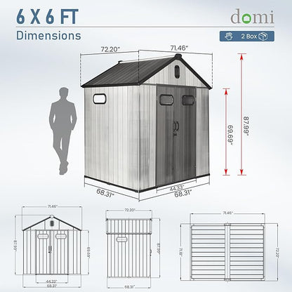 Domi 6x6 FT Outdoor Resin Storage Shed, All-Weather Double-Wall Storage Building for Backyard, Garden, Lawn Tools, Mower, Bike & Pool Equipment, Lockable Doors, Ventilated Roof, Grey