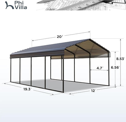PHI VILLA 12 x 20 ft Carport Metal Carports with Galvanized Steel Roof, Sturdy Heavy Duty Metal Carport for Cars, Boats, and Tractors