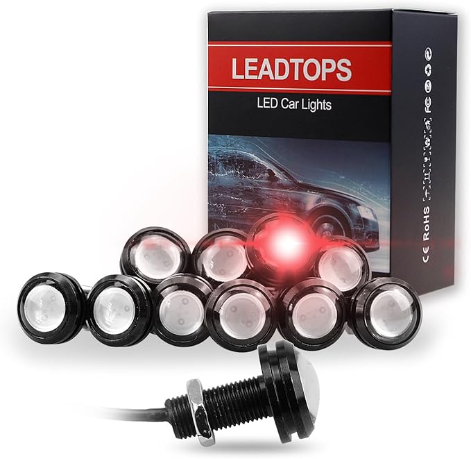 LEADTOPS 10Pcs 18mm 12V Red Eagle Eye LED Car Fog DRL Daytime Running Light Backup Reverse Tail Rock Lights Small bulb (Red light, Black Case)