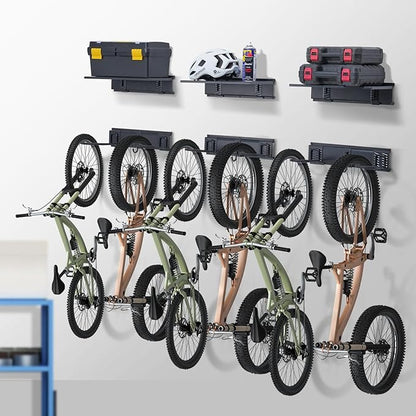 VEVOR Bike Storage Rack, 6 Bike Racks and 3 Helmets Hooks, Wall Mount Bike Storage Hanger with 3 Shelves, Home & Garage Organizer, Customizable for Various Bike Sizes, Holds Up to 300 lbs, 48-inch