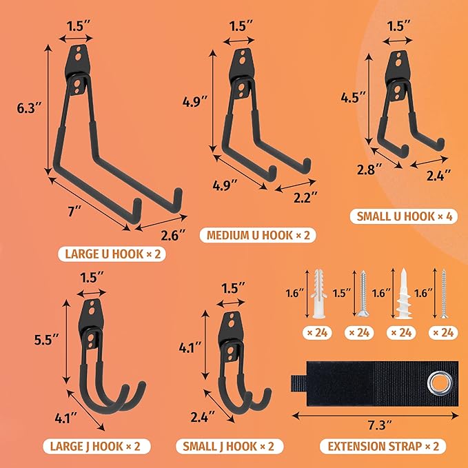 HUHOLE 14PC Garage Hooks Heavy Duty, Utility Garage Storage Hooks, Wall Mount Hook with Anti-Slip Coating for Hanging Ropes, Bikes, Ladders and Bulk Items