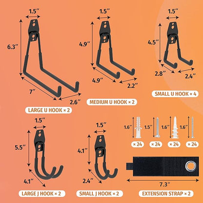 HUHOLE 14PC Garage Hooks Heavy Duty, Utility Garage Storage Hooks, Wall Mount Hook with Anti-Slip Coating for Hanging Ropes, Bikes, Ladders and Bulk Items