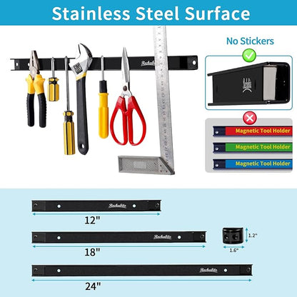 12" 18" 24" Magnetic Tool Holder Strip, Black Magnet Bar, Metal Tool Organizer Rack for Garage Organization, Easy To Install in Workshop, Mounting Screws Included