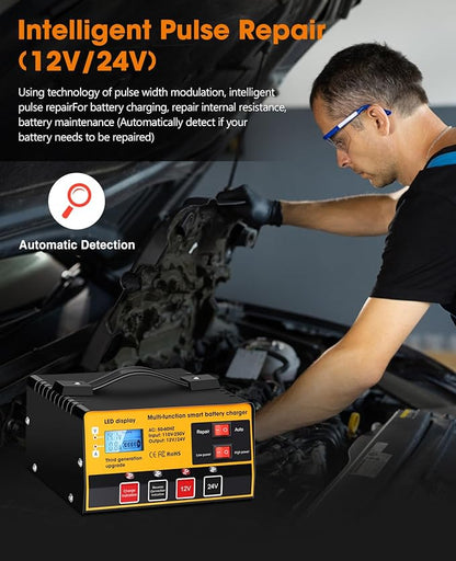 Outerman Car Battery Charger,12V-12A/24V-8.5AMH Smart Automatic Battery Charger,High/Low Power Trickle Charger Battery Maintainer and Desulfator,for Motorcycle Lawn Mower Marine Lead Acid Batteries