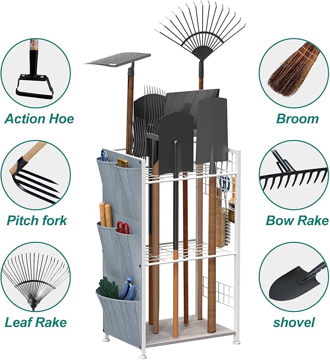 YBING Garden Tool Organizer, Yard Tool Stand with Side Storage Pockets, Yard Tower Rack for Garage Storage, Freestanding Tools Organizers and Storage for Shed, Gray