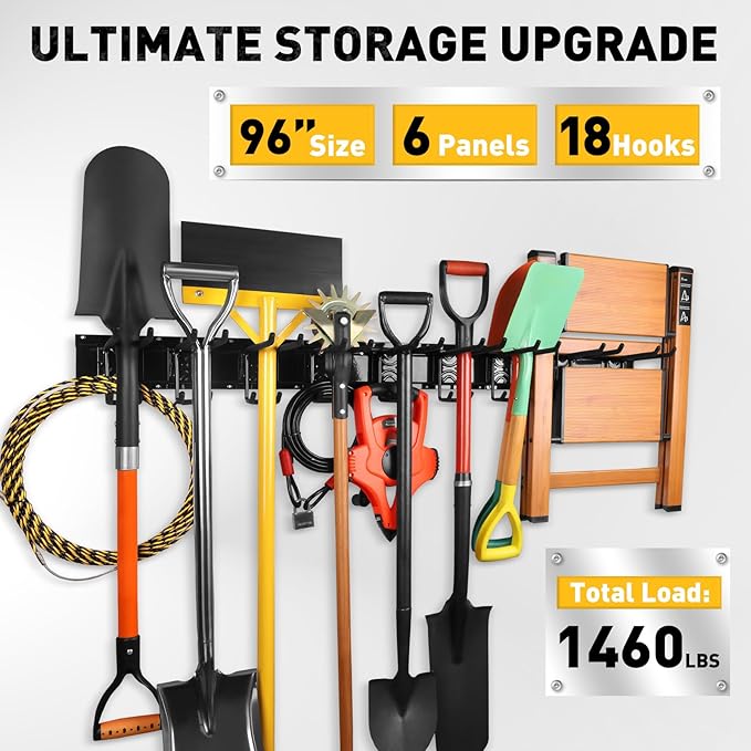 ELEAD 96 Inches Garage Storage, Garage Organization, Garden Tool Organizer Wall Mount, 18 Adjustable Heavy Duty Metal Hooks, Holds Up to 1460 lbs, Yard Tool Organizer for Garden, Yard, and Shed