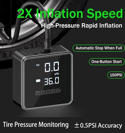 Tire Inflator Portable Air Compressor - 150 PSI Air Pump for Car Tires - 2X Faster Inflation, Smart Pump Tire Inflator for Cars, Motorcycles, Bicycles, Balls