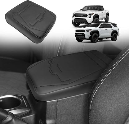 Muslogy Center Console Armrest Cover Compatible with 2024 Toyota Tacoma 2025+ 4Runner Accessories Armrest Lid Protector Vegan Leather Cushion Regular Thick(Black/Black Stitching)