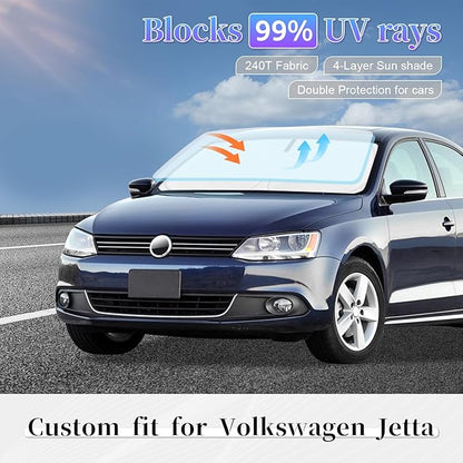 Sun Shade Sunshade for Volkswagen Jetta Windshield Cover, 4-Layer Front Window Shade Custom fit VW Jetta 2019-2024 2025 Sun Visor 240T Retractable Shade Blocks UV Rays Cooler Car Accessories