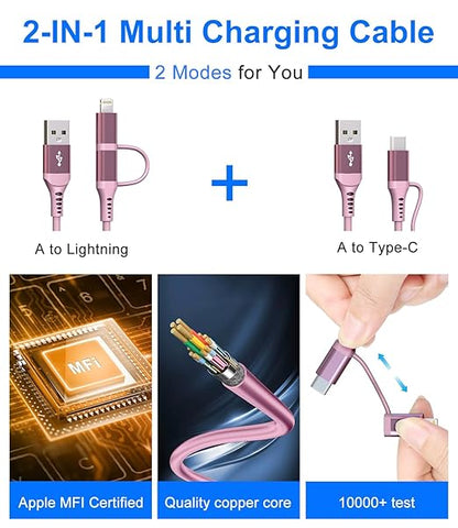 USB to USB C and Lightning Pink Car Charger Cable - Pink iPhone Charger Coiled Lightning Cable Type-C Charging Cord Support Apple Carplay & Android Auto & Data, for iPhone 16 15 14 13 12 11 Android