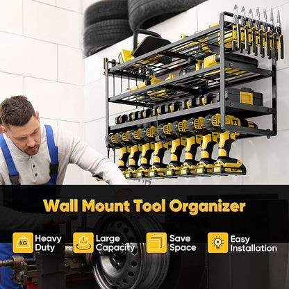 Large Power Tool Organizer Wall Mount,4 Layers Heavy Duty Metal Loads 400lbs,Power Tool Shelf Battery Storage with 8 Cordless Drill Holder,Utility Racks for Garage Workshop