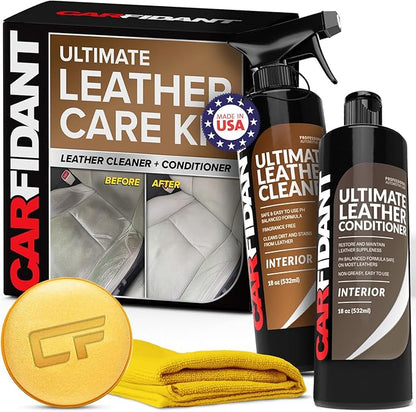 Carfidant Leather Cleaner & Conditioner Kit - Car Seat, Couch, Sofa, Shoes, Bags, Furniture - Restores & Protects - Includes Cleaning Pad & Microfiber Towel - pH Balanced Leather Care