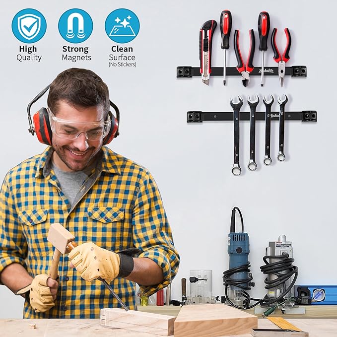 4 Pieces 12" Magnetic Tool Holder Strip, Black Magnet Bar, Metal Tool Organizer Rack for Garage Organization, Easy To Install in Workshop, Mounting Screws Included