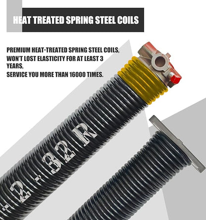 Garage Door Torsion Spring Set, Pair of 2" Electrophoresis Coated Garage Door Spring Replacement with 2 Non-Slip Winding Bars and Bearing, Minimum 16000 Cycles (.250x2x32)