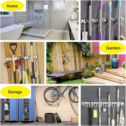 Mop Broom Holder Wall Mount Heavy Duty Adhesive Tools Organizer Rack Stainless Steel with 4 Positions 5 Hooks for Utility Room, Garage, Laundry, Garden, Kitchen, Bathroom, Toilet and Office