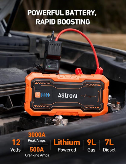 AstroAI S8 Pro Car Battery Jump Starter, 3000A Peak Jump Starter Battery Pack for Up to 9.0L Gas & 7.0L Diesel Engines, 12V Portable Jumper Box with 3 Modes Flashlight and Jumper Cables，Orange