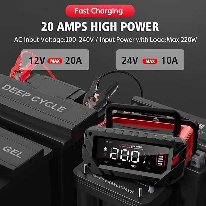 Battery Charger 0-20Amp,12V/24V Lithium,LiFePO4,Lead Acid,Fully-Automatic Smart Car Battery Charger,Trickle Charger, Maintainer/Pulse Repair for Boat, Motorcycle,Suv,Truck,Golf Cart, Lawn Mower