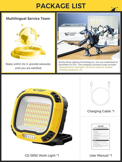 Smiling Shark Working Light, LED Work Light 4000 Lumen 18 Light Mode USB Rechargeable Portable Magnetic Waterproof Drop Resistant Cordless Worklight Job Site Lighting for Garage Repair Camping Outdoor