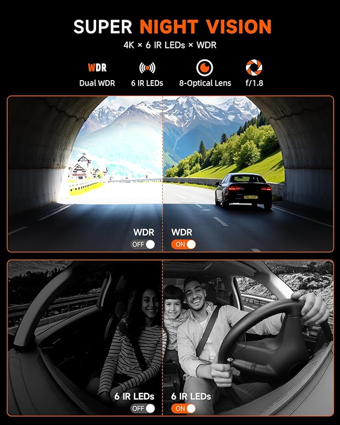 4K Dash Cam Front and Inside, 360 Camera for Car 2-Channel Dashcam 160°+185° Ultra Wide Angle, 4K/2.5K WDR, IR Night Vision, WiFi & APP Control, GPS, G-Sensor, 64GB Card, GT820 Black