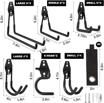 Garage Hook Heavy Duty Wall Storage Hangers, 18 Pack Garage Storage Hooks Steel Tool Black for Ladders, Ropes, Garden Tools