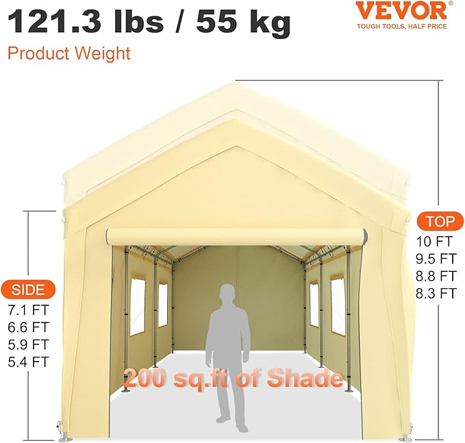 VEVOR Carport 10x20 ft Heavy Duty Canopy, Portable Garage Shelter with 8 Legs, Removable Sidewalls & Windows, Adjustable Peak Height 8.3-10 ft, Ideal for Cars, Boats, and Parties, Yellow