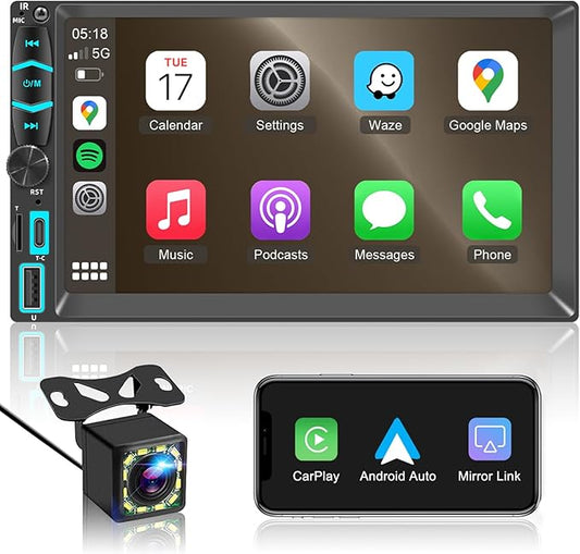 7" Wireless Double Din Car Stereo Apple Carplay Radio Screen for Car Audio Receivers, Bluetooth Car Play Android Auto Touchscreen, Mirror Link, Backup Camera, SWC, AM/FM, AirPlay, Type-C