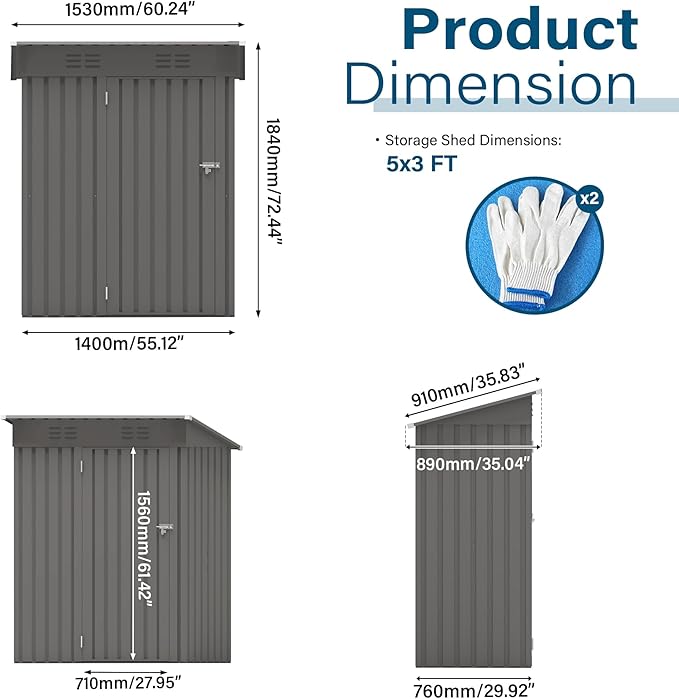 ARMSET 5x3 FT Metal Outdoor Storage Shed for Patio & Balcony - Waterproof Small Shed for Garden Storage, Lockable Vertical Tool Shed Cabinet for Backyard, Bike Parts & Everyday Sundries