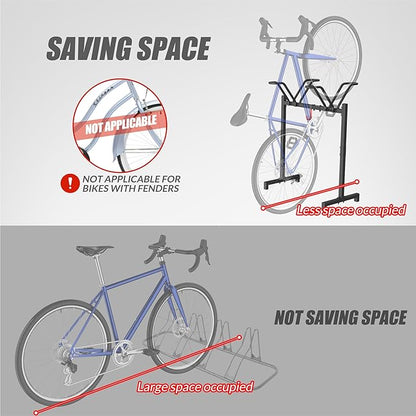 2 Bikes Floor Stand,Adjustable Bicycle Parking Rack with Hook for Garage/Indoor/Outdoor,Metal Cycle Storage Organizer Rack for Road Bikes