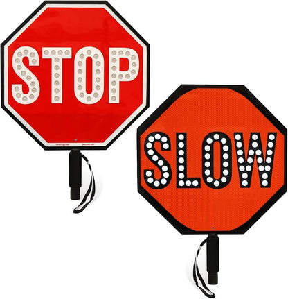 SmartSign LED STOP SLOW Paddle - Reflective Hand Held Stop Slow Sign with Handle, 18" Double-Sided, Steady/Flashing LED Light Modes, Rechargeable, Pack of 1