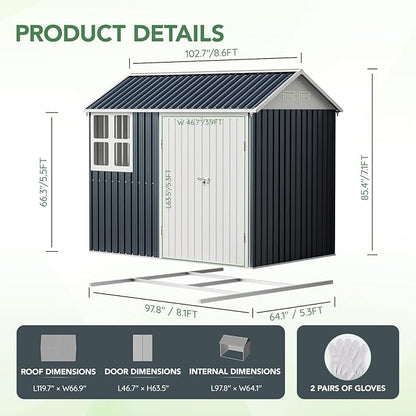 8X6FT Outdoor Steel Storage Shed with Lockable Doors, Frame Floor (No Wood/Other Boards),One Window,Ideal for Garden, Backyard, Patio Storage