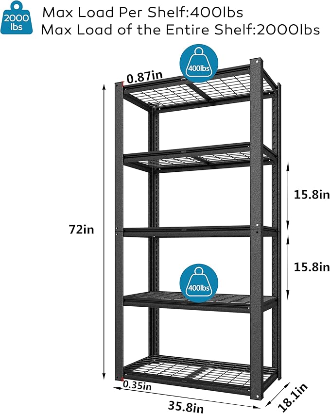 MUPATER 35.8" W x 18.1" D x 72" H Metal Storage Shelves, Standing Utility Shelf Racks, Garage Shelving Unit, 5 Tier Shelves and Adjustable Shelves for Kitchen Warehouse Garage