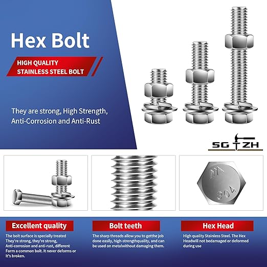 5/16-18 x 5" Hex Head Screw Bolt, Nuts, Flat & Lock Washers, 20Pcs 18-8 (304) Stainless Steel, Fully Threaded, by SG TZH
