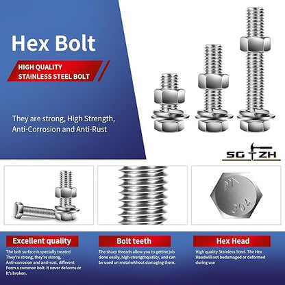 5/16-18 x 5" Hex Head Screw Bolt, Nuts, Flat & Lock Washers, 20Pcs 18-8 (304) Stainless Steel, Fully Threaded, by SG TZH