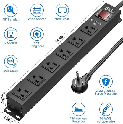 CRST 2Pack 6 Outlet Heavy Duty Power Strip with Switch, 15A/1875W Metal Mountable Power Strip Surge Protector 2100Joules, Wide Spaced Power Bar for Garage Worshop Home School, 6 FT Cord(Black)