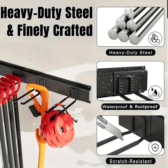 64'' Garage Tool Organizer Wall Mount, 18 PCS Adjustable Garden Tool Hanger Rack, Garage Hooks Heavy Duty, Shovel Holder Wall Mount, Storage Hooks for Hanging in Garage