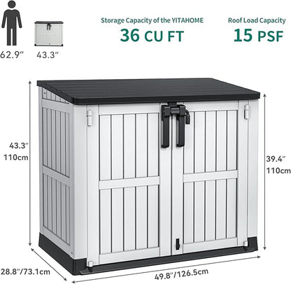 YITAHOME 36 cu ft Resin Outdoor Storage Shed, Weather-Resistant Horizontal Tool Shed, Waterproof Outdoor Storage with Lockable Doors & Air Vent for Trash Cans, Garden Tools (Light Gray)