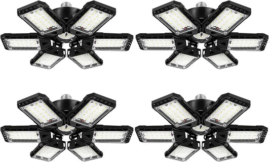 LED Garage Lights 4 Pack -180W, 18000LM 6500K Led Shop Light with 6+1 Deformable Panels, Basement Barn Light Garage Ceiling Lights, E26/E27 for Garages, Warehouse, Shop