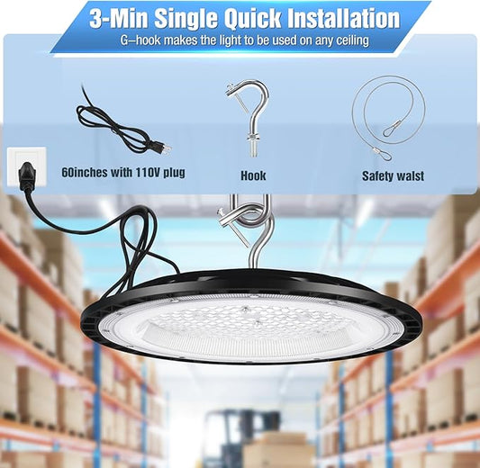 4 Pack 300W UFO Led High Bay Light Fixture,120VAC,5000K Daylight Commercial Shop Bay Lighting,45000LM,[1300W MH/HPS Equiv.] US Plug Area Lighting for Warehouse/Barn/Gym/Factory/Workshop/Garage