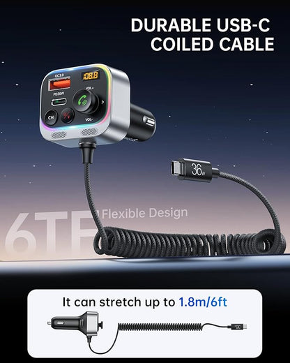 Syncwire Bluetooth 5.4 FM Transmitter Car Adapter 66W PD & QC 3.0 Fast Charging with USB-C Cable Wireless Radio Adapter with Light Control, HiFi Bass, Hands-Free Calling and Strong Mics