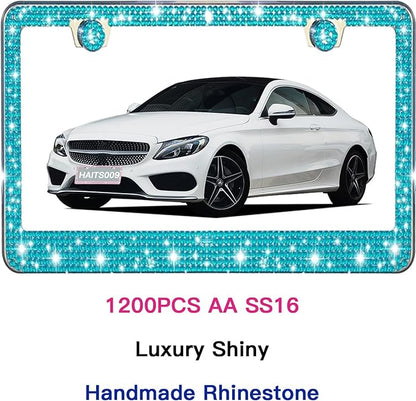 2 Pack License Plate Frames for Women, Sparkly Rhinestone Diamond Car Accessories with Glitter Crystal Caps (Blue（2PCS）)