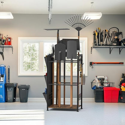 YBING Garden Tool Organizer, Yard Tool Stand with Side Storage Pockets, Yard Tower Rack for Garage Storage, Freestanding Tools Organizers and Storage for Shed, Brown