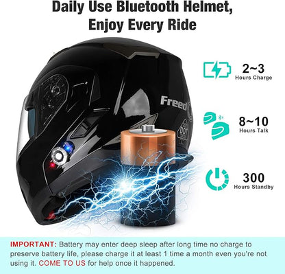 FreedConn BM2-S Bluetooth Motorcycle Helmet, Flip-Up Modular Motorbike Helmet, 500M Connectivity for 2-3 Riders, Voice Dial, Hands-Free Call, MP3, FM, DOT Certified ( X-Large, Gloss Black)