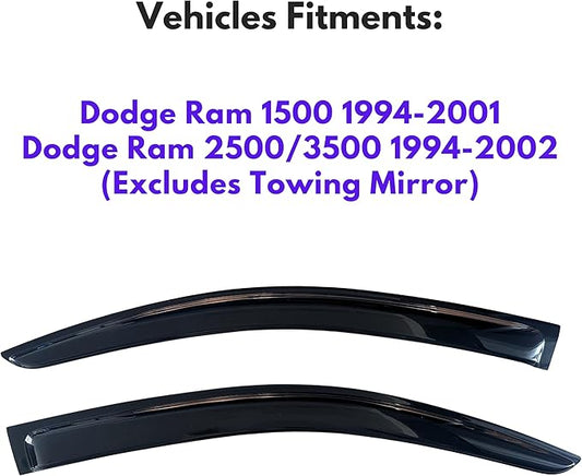 KPY Window Visor Compatible with Dodge Ram 1500 1994-2001 & Dodge Ram 2500/3500 1994-2002 (Excludes Towing Mirror), Rain Guard Side Window Vent Deflectors Tape-On Style, 1995 1996 1997 1998 1999 2000