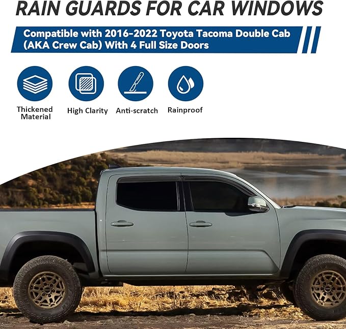 4pcs Front+Rear Smoke Tint Sun/Rain Guard Outside Mount Tape-On Vent Window Visors Compatible with 16-22 Tacoma Double/Crew Cab with 4 Full Size Doors