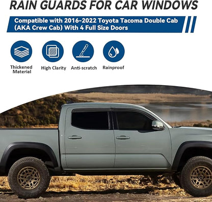 4pcs Front+Rear Smoke Tint Sun/Rain Guard Outside Mount Tape-On Vent Window Visors Compatible with 16-22 Tacoma Double/Crew Cab with 4 Full Size Doors