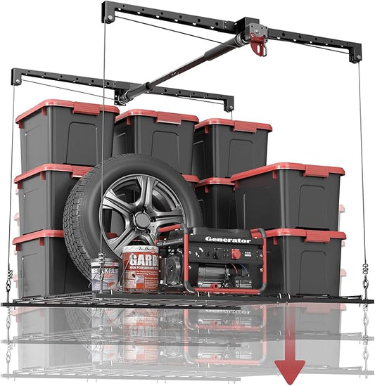 Overhead Garage Storage Lift, Adjustable Heavy-duty 4x4 Ft Ceiling Racks with Safety Lock, Ideal for Storage Lifting Organization System, 250lbs Capacity (Standard Edition)